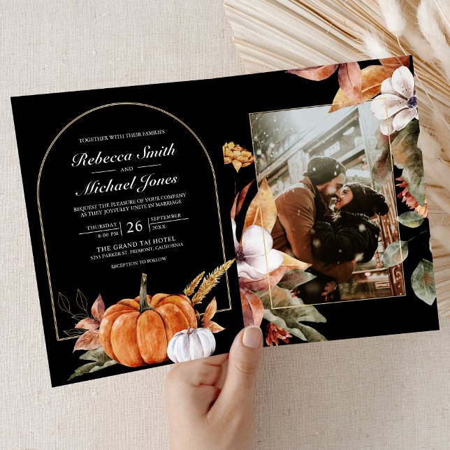 Convite Casamento Preto Código QR Abóbora Boho Rústico (Criador carregado)