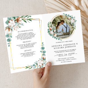 Convite Casamento QR Code Algodão Dourado Rústico Eucalipt