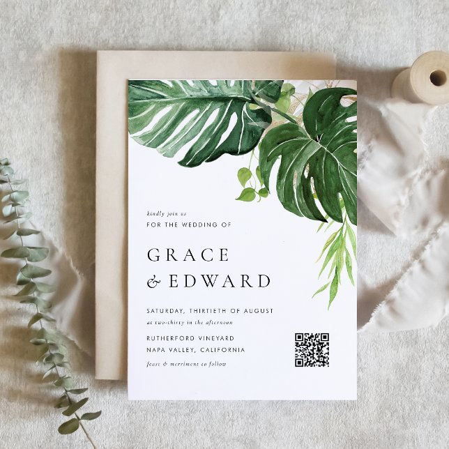 Convite Casamento QR Code Monstera Aquarela Tropical (A tropical-themed magnetic wedding invitation featuring watercolor greenery and faux gold accents. )