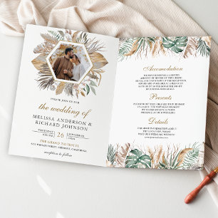 Convite Casamento QR Code Monstera Boho Pampas Tudo em Um