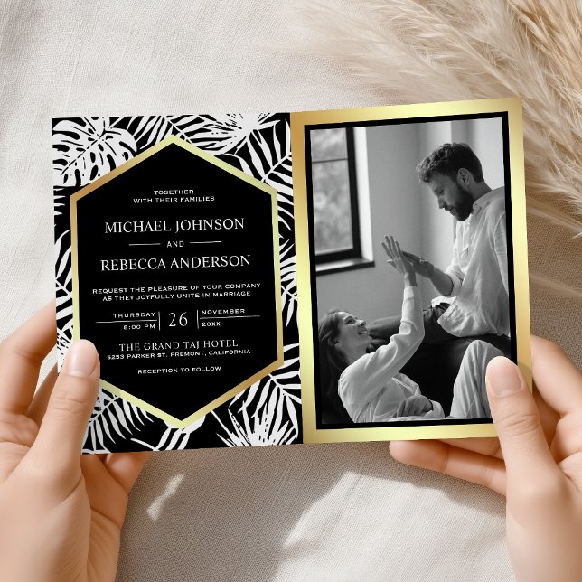 Convite Casamento QR Code Tropical Palma Preto Branco Dour (Criador carregado)