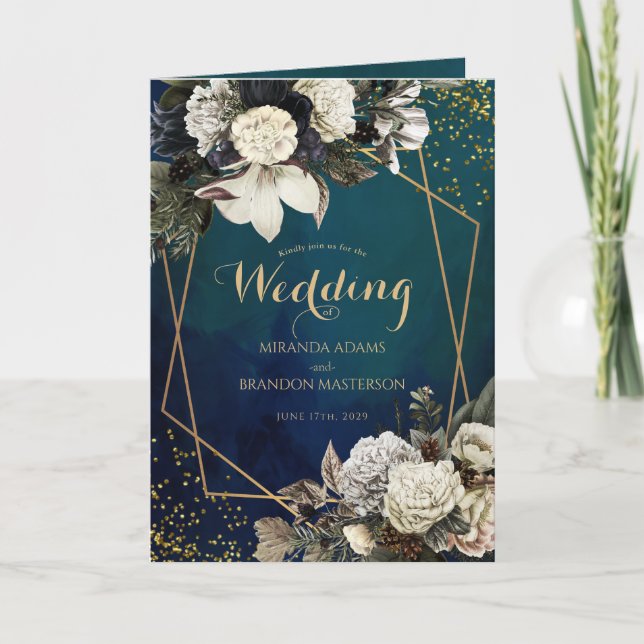 Convite Casamento Romântico Floral Dourado Wreath (Frente)