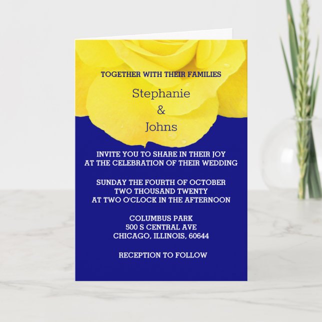 Convite Casamento Rosa azul-Marinho azul-amarelo (Frente)
