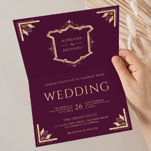 Convite Casamento Roxo do Código QR do Brasão Dourado Vint