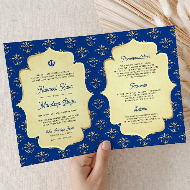 Convite Casamento Royal Blue Dourado com Anand Karaj Sikh (Criador carregado)