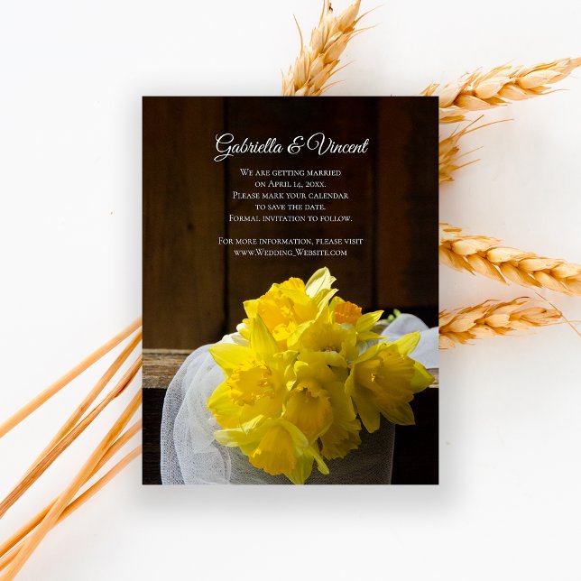 Convite Casamento Rustic Daffodils Barn Wood Salve a Data (Criador carregado)