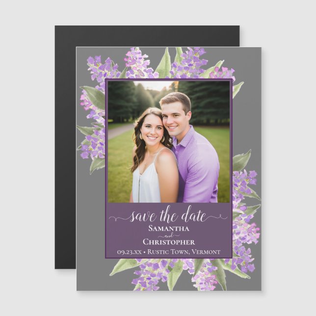 Convite Casamento Rustic Lilacs & Photo Cinza Salvem a Dat (Frente/Verso)