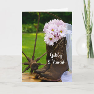 Convite Casamento Rustic Pink Daisies Cowboy Boots Barn