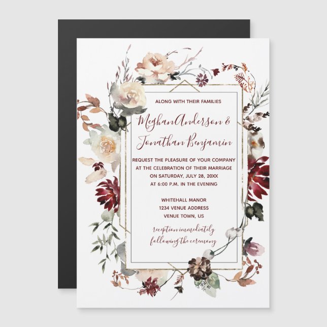 Convite Casamento Rustic Winter Bloom Floral Burgundy | (Frente/Verso)