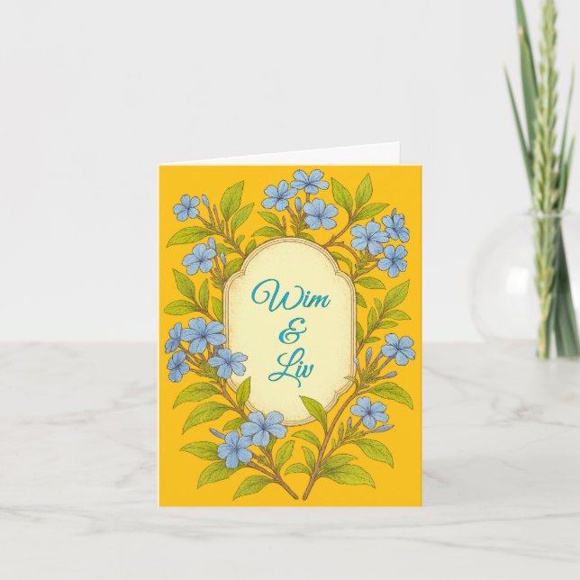Convite Casamento rústico em linho azul em estilo floral  (Frente)