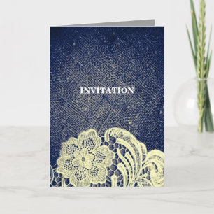 Convite casamento rústico no campo com renda e azul marinh