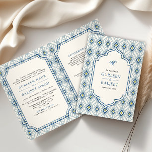 Convite Casamento Sikh Azul Creme Marfim Ikat Tudo em Um