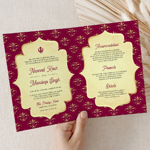 Convite Casamento Sikh Magenta Rosa Dourado Ornamentado An