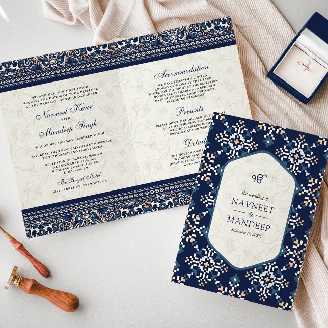 Convite Casamento Sikh Tudo em Um com Bordado Azul Marinho (Criador carregado)