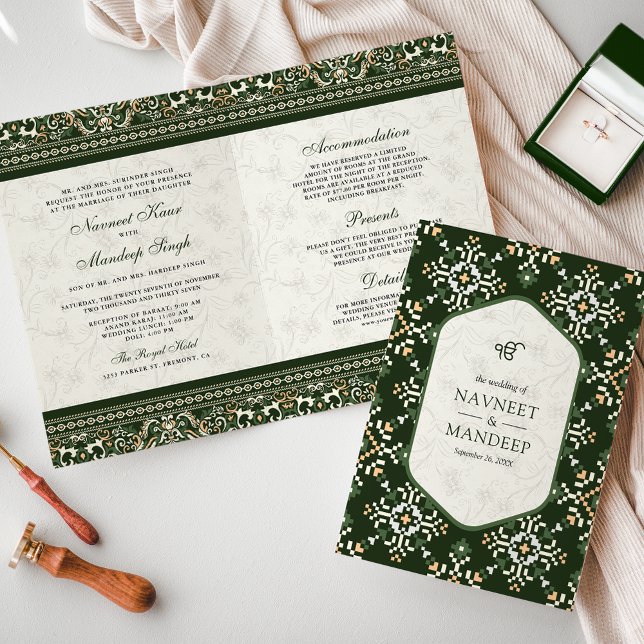 Convite Casamento Sikh Tudo em Um com Bordado Verde Escuro (Criador carregado)
