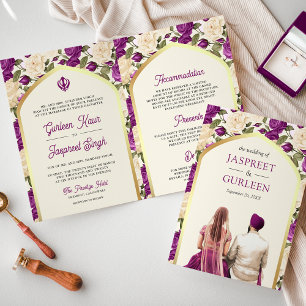 Convite Casamento Sikh Tudo em Um Floral Marfim Roxo