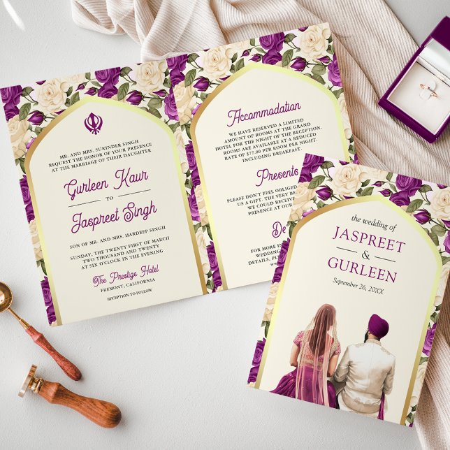 Convite Casamento Sikh Tudo em Um Floral Marfim Roxo (Criador carregado)