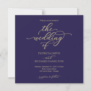 Convite Casamento Simples Chic Dourado Azul Marinho