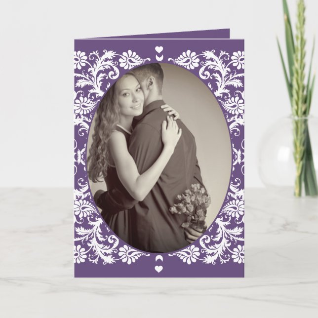 Convite Casamento tema damasco Floral Vitoriano Roxo Vinta (Frente)