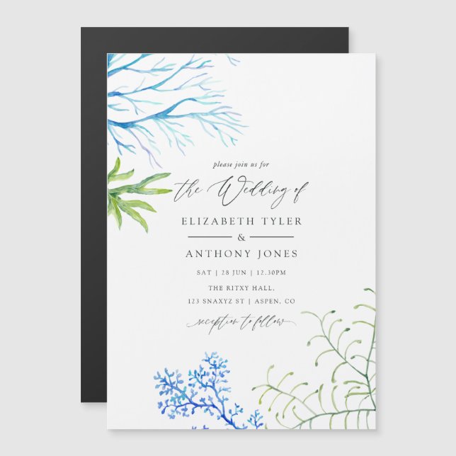 Convite Casamento Temático de Algas Marinhas em Aquarela (Frente/Verso)