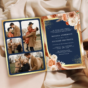 Convite Casamento Terracota Floral Pampas Dourado Azul Nav