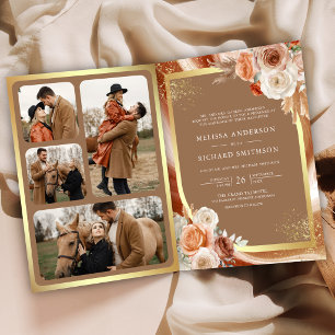 Convite Casamento Terracota Floral Pampas Dourado Bege Tan