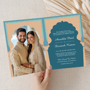 Convite Casamento Tradicional com Foto de Arco Azul Indian