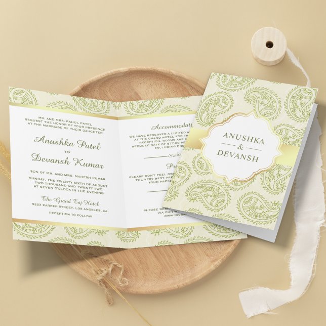 Convite Casamento Tradicional Indiano em Paisley Verde e D (Criador carregado)
