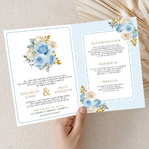 Convite Casamento Tudo em Um Blue Gold Ivory Floral Roses