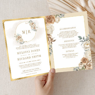 Convite Casamento Tudo em Um Marfim Bege Floral Dourado