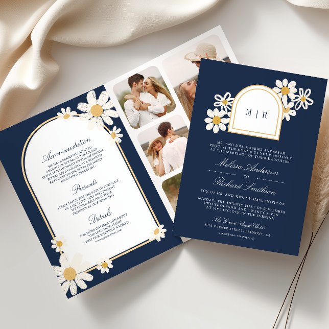 Convite Casamento Tudo em Um Navy Azul com Margarida Amare (Criador carregado)