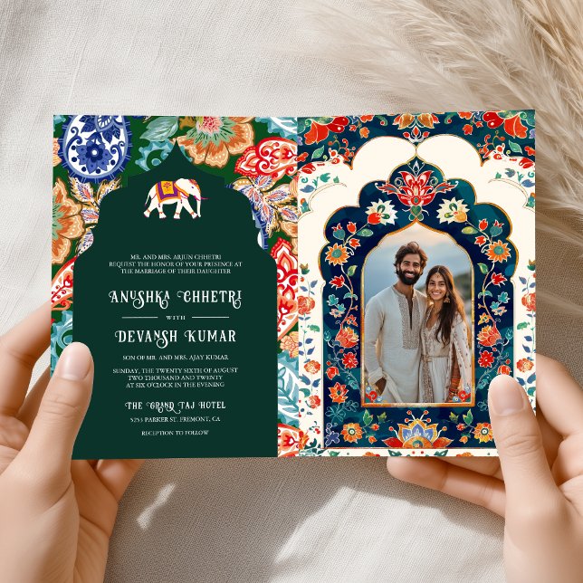 Convite Casamento Verde com Elefante Folk Indiano (Criador carregado)