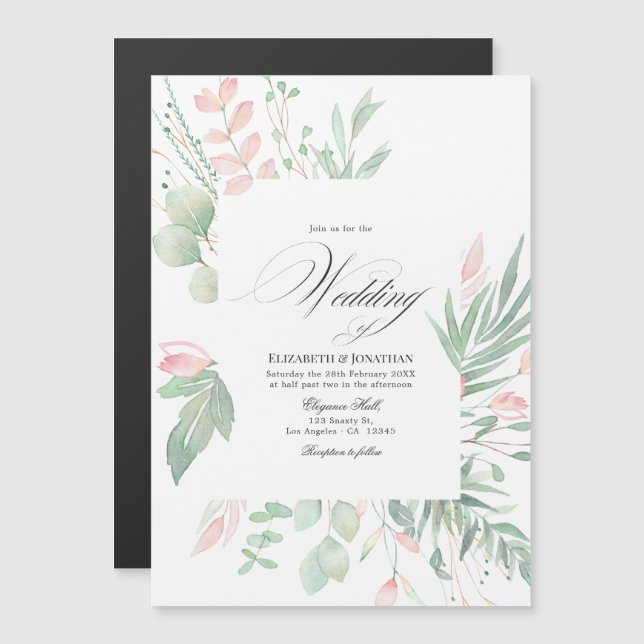 Convite Casamento Verde com Rosa Pastel (Frente/Verso)