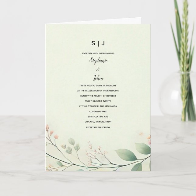 Convite Casamento Verde de Beige Sage em Monogramas (Frente)