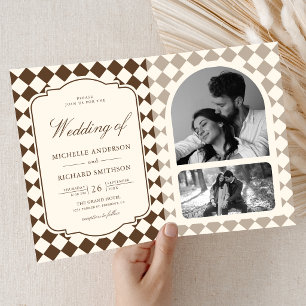 Convite Casamento Xadrez Marrom Marfim Dinheiro Antigo Vin