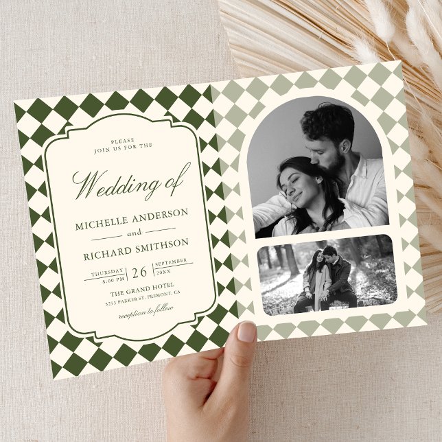 Convite Casamento Xadrez Verde Oliva Marfim Dinheiro Antig (Criador carregado)