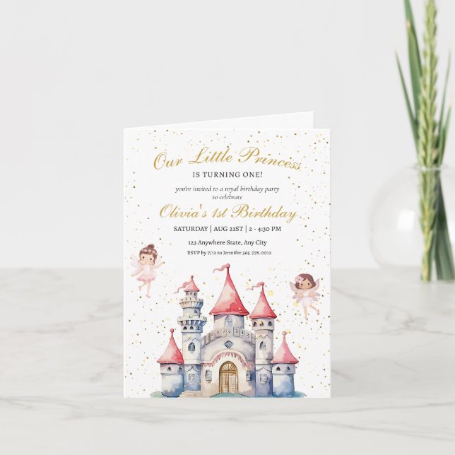 Convite Castelo de Princesa Aniversário de 1 ano Festa Rea (Frente)