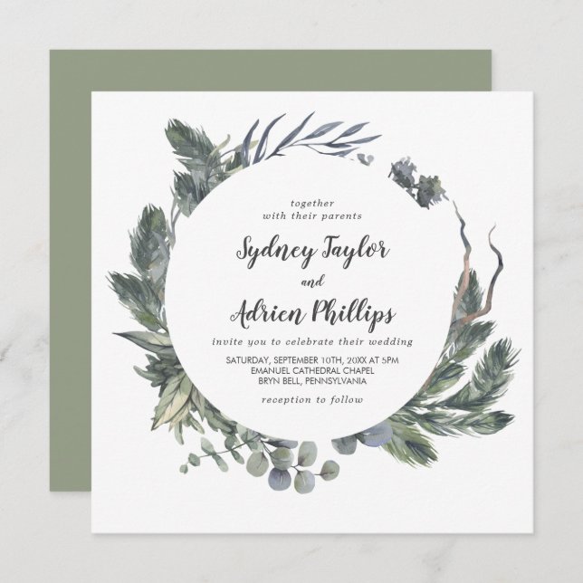 Convite Casual para Casamento de Winter Greenery (Frente/Verso)
