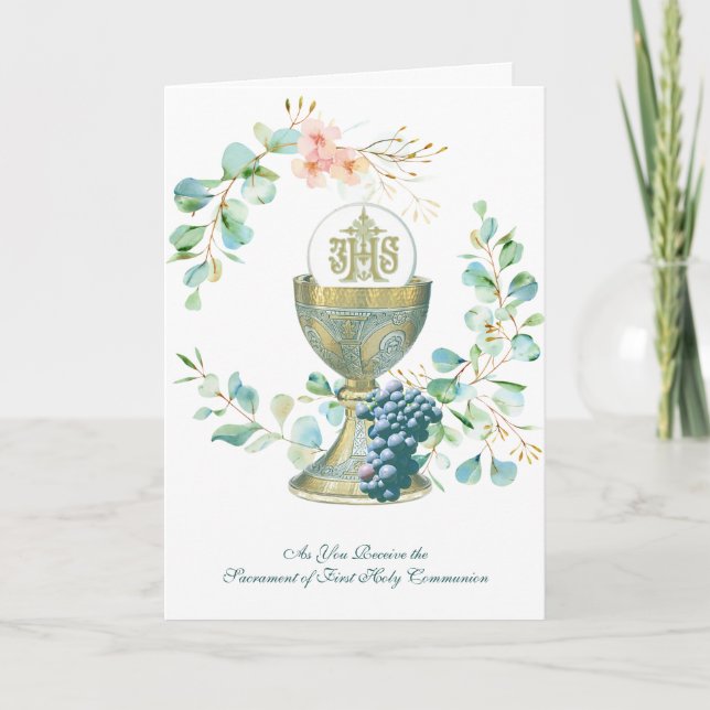 Convite Católico Elegante Primeira Comunhão Sagrada Floral (Frente)