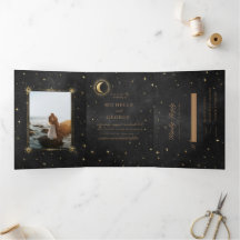Convite Celestial Dourado De Casamento Triplo