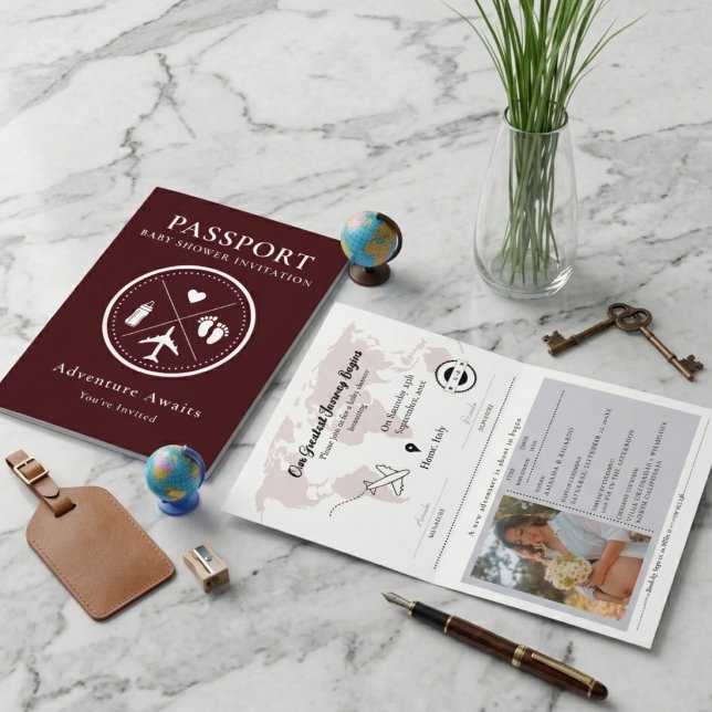 Convite Chá de Bebê com Foto de Passaporte Burgundy Elegan (Criador carregado)