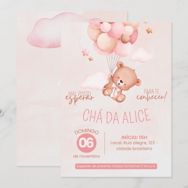 Convite Chá de Bebê da Ursinha Alice (Frente/Verso)
