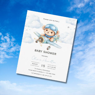 Convite Chá de Bebê de Avião de Urso de Pelúcia em Aquarel