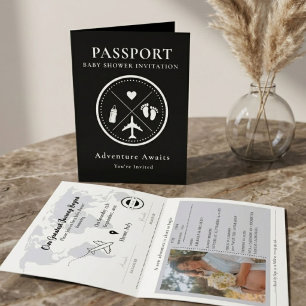 Convite Chá de Bebê de Foto de Passaporte Preto Elegante