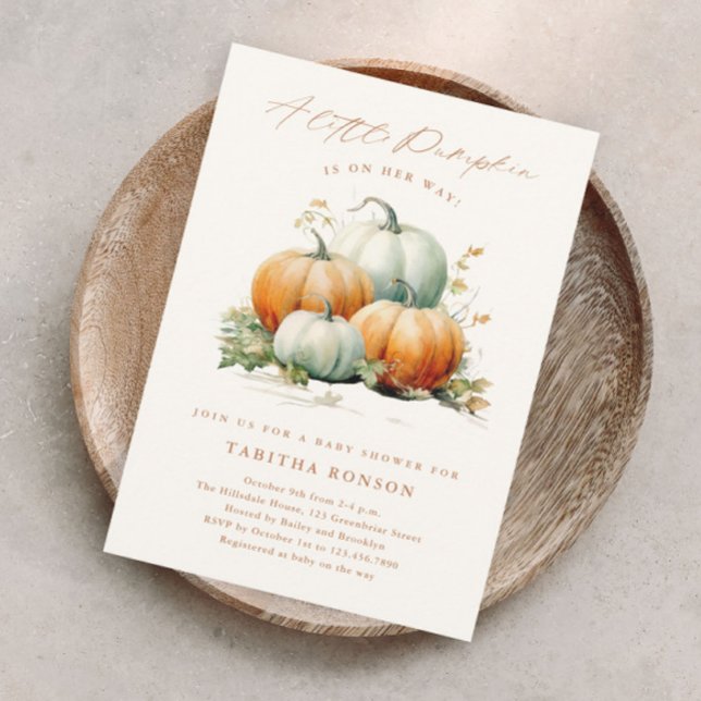 Convite Chá de Bebê de Outono Little Pumpkin (A fall gender neutral baby shower magnetic invitation with handwritten little pumpkin script.)