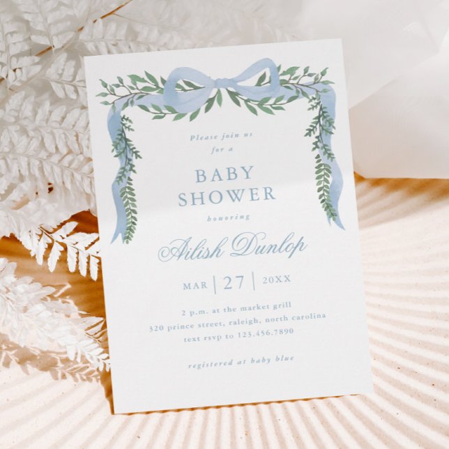 Convite Chá de Bebê Menino com Laço Azul Elegante e Folhag (Elegant Blue Bow Greenery Boy Baby Shower Magnetic Invitation.)