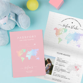 Convite Chá de Bebê Passaporte com Mapa Mundial Rosa