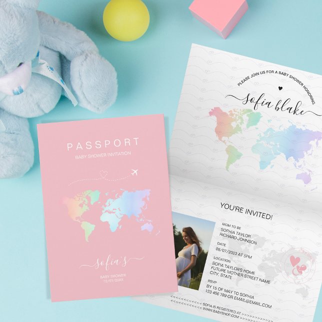 Convite Chá de Bebê Passaporte com Mapa Mundial Rosa (Criador carregado)