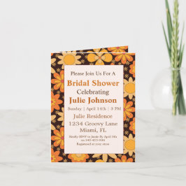 Convite Chá de Bebê Retro Groovy Floral Laranja Amarelo No