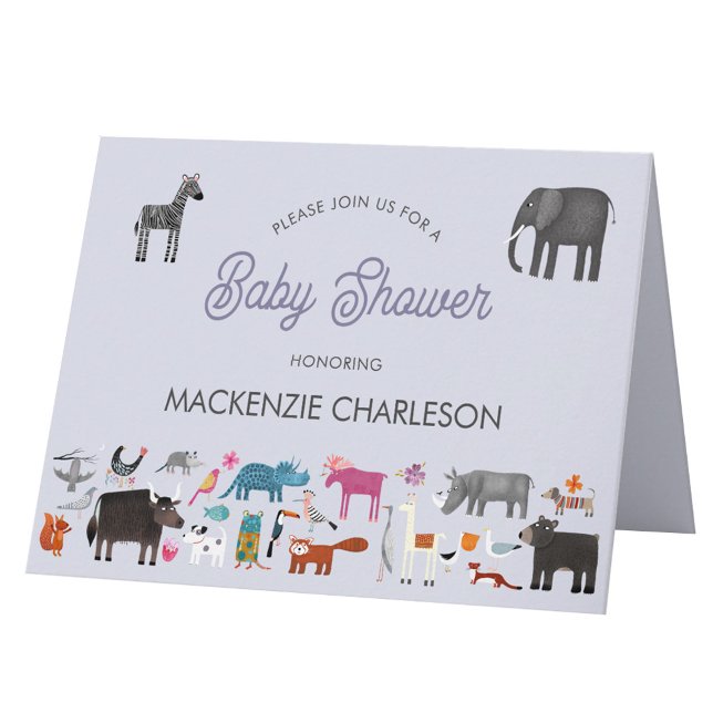 Convite Chá de fraldas animal divertido (Animal personalized baby shower invitation, with safari, jungle, wild, zoo & pet animals and birds)